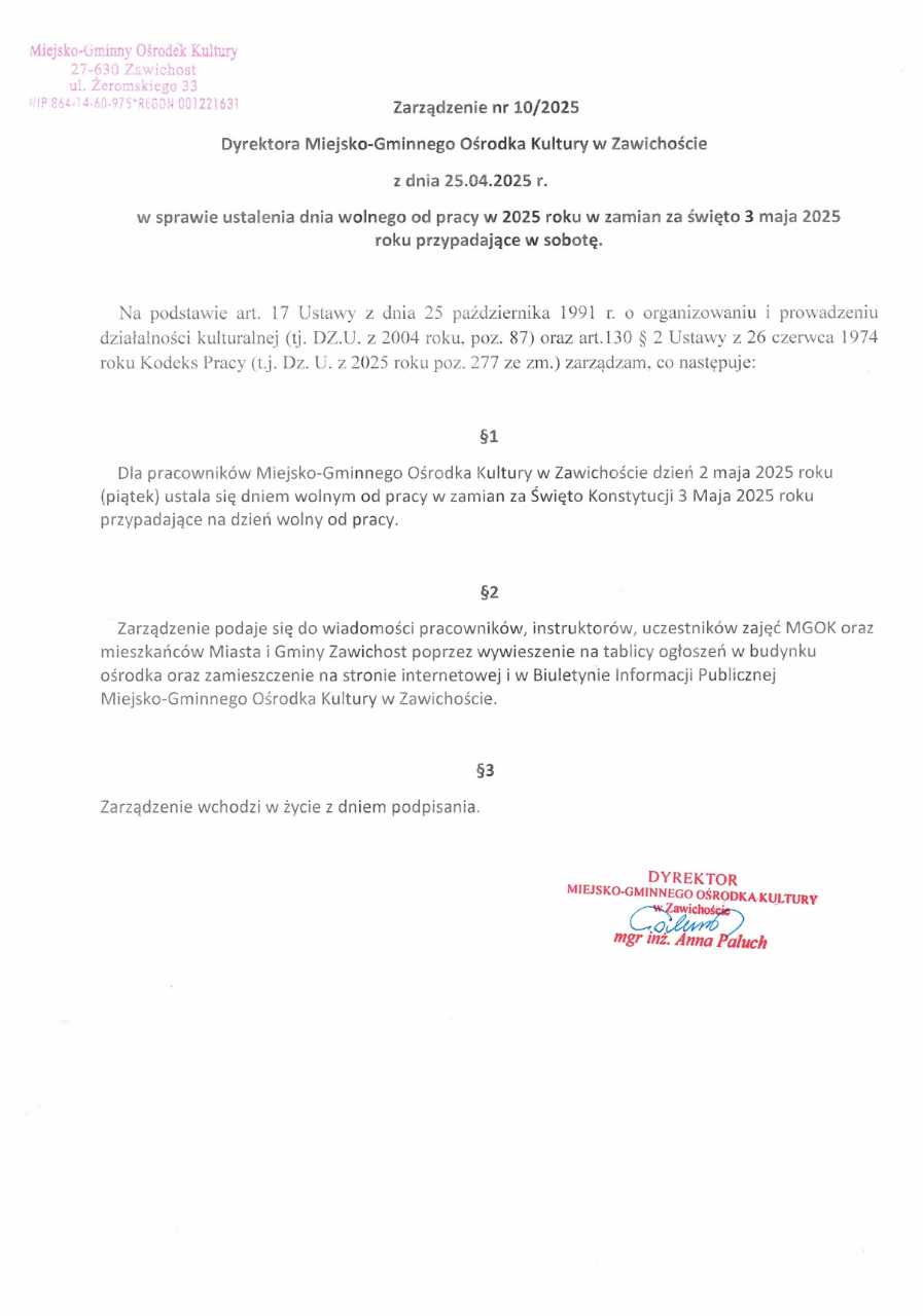Zarządzenie w sprawie ustalenia dnia wolnego od pracy w 2025 roku w zamian za święto 3 maja 2025 roku przypadającego w sobotę