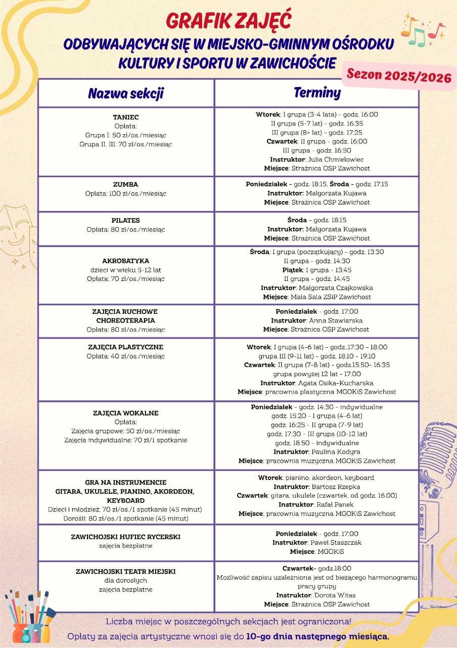 Grafik zajęć odbywających się w MGOKiS Zawichost 