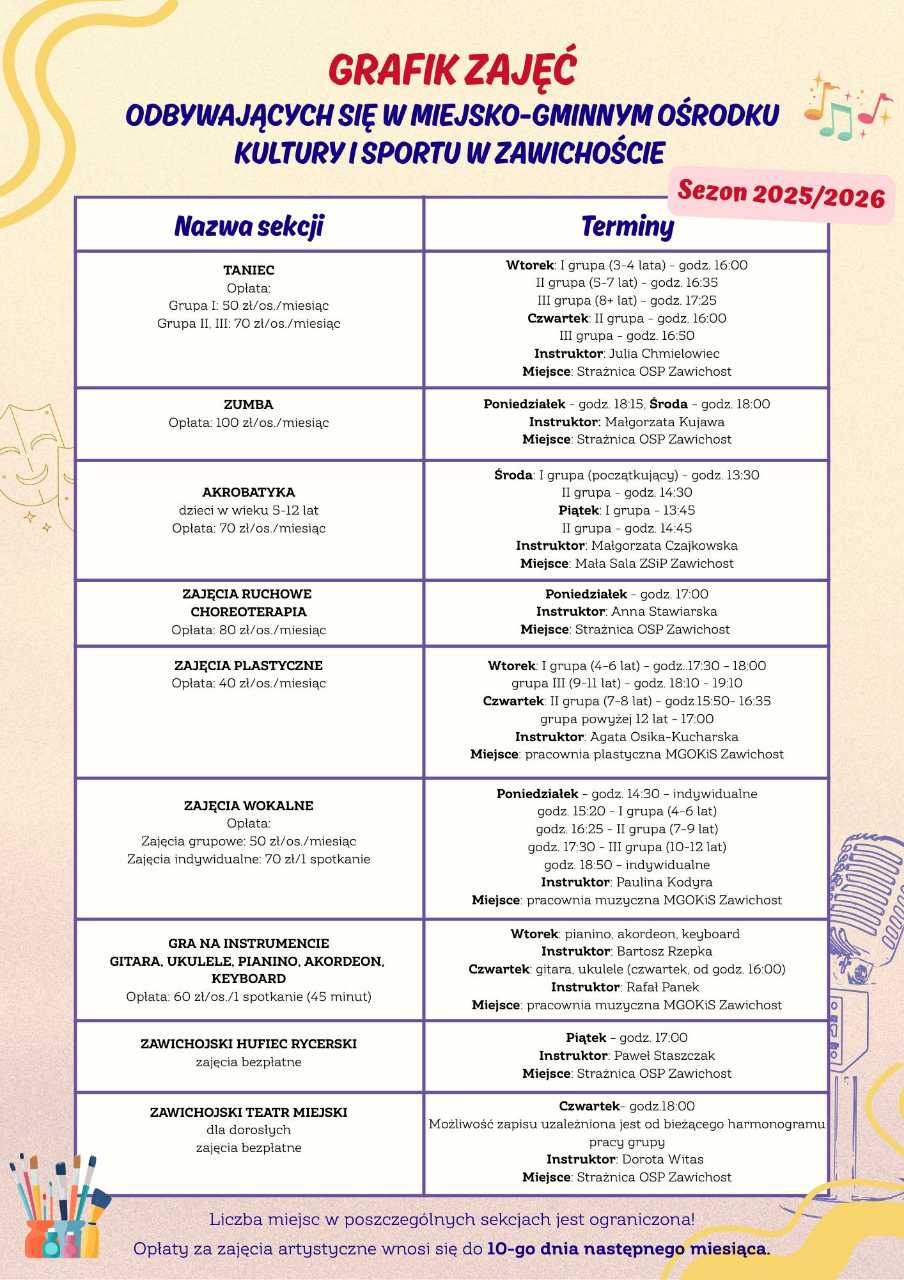 Grafik zajęć odbywających się w MGOKiS Zawichost 