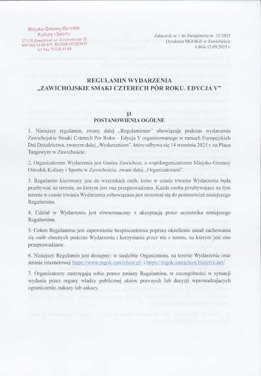 Regulamin Wydarzenia "Zawichojskie Smaki Czterech Pór Roku"