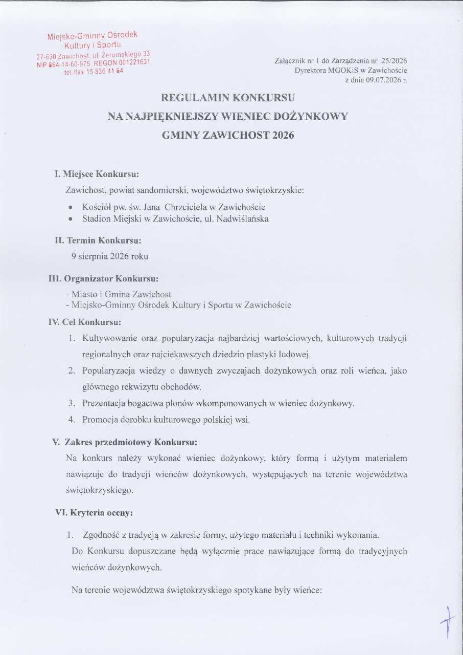 Regulamin Konkursu na Najpiękniejszy Wieniec Dożynkowy 2026