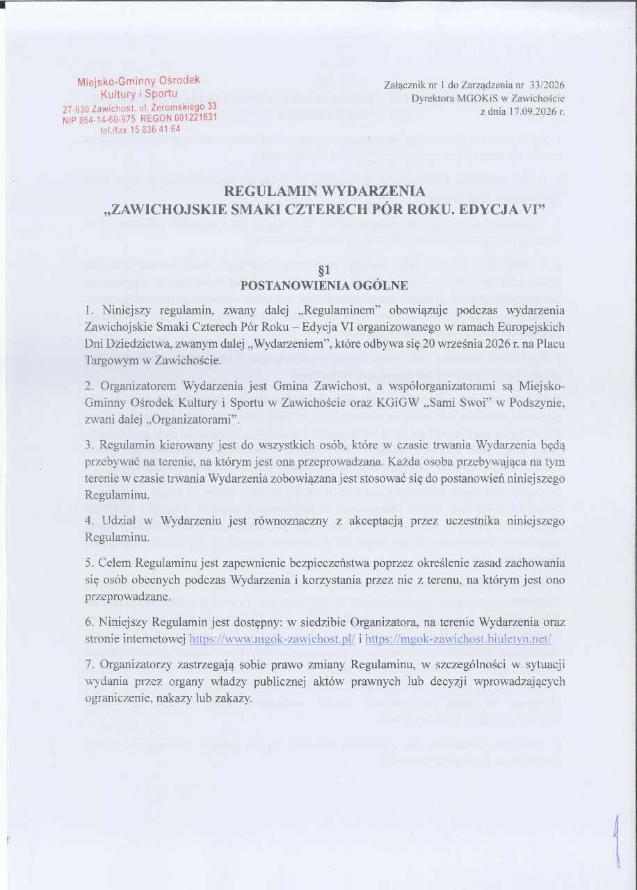 Regulamin Wydarzenia - Zawichojskie Smaki Czterech Pór Roku